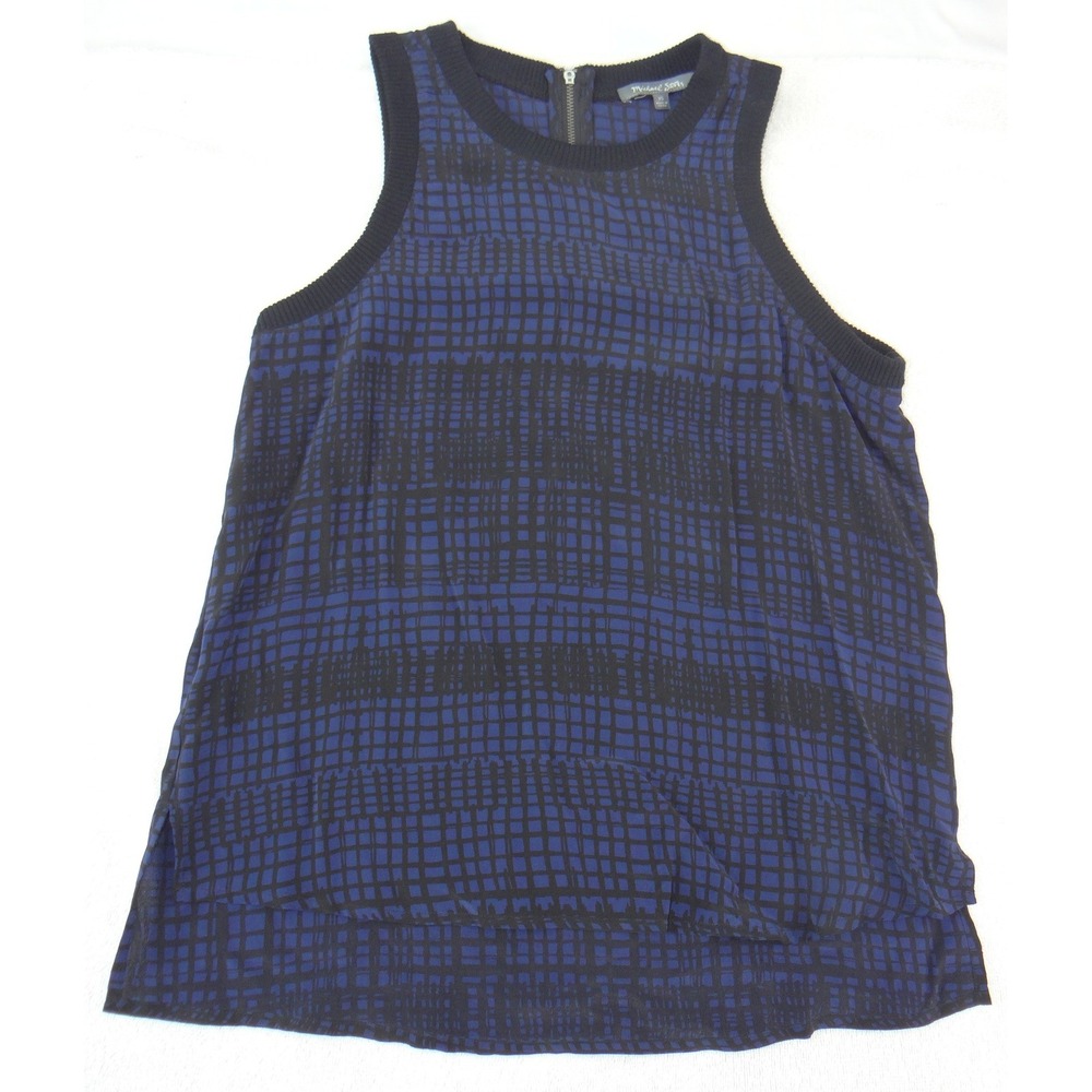 Michael Stars Womens Blue Black Grid Sleeveless High-Low Top Back‎ Zip XS 3231